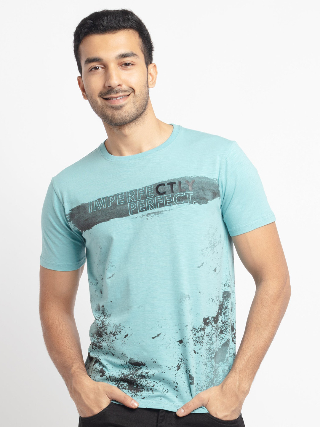 Status Quo Men Blue Printed Round Neck Cotton T-shirt