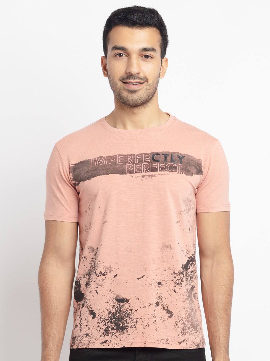 Status Quo Men Rose Gold Floral Printed Cotton T-shirt
