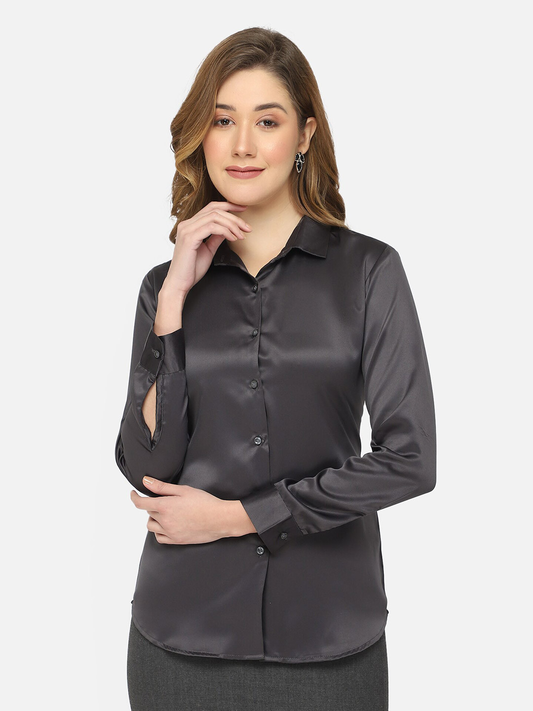 Fbella Women Grey Solid Standard Slim Fit Satin Casual Shirt