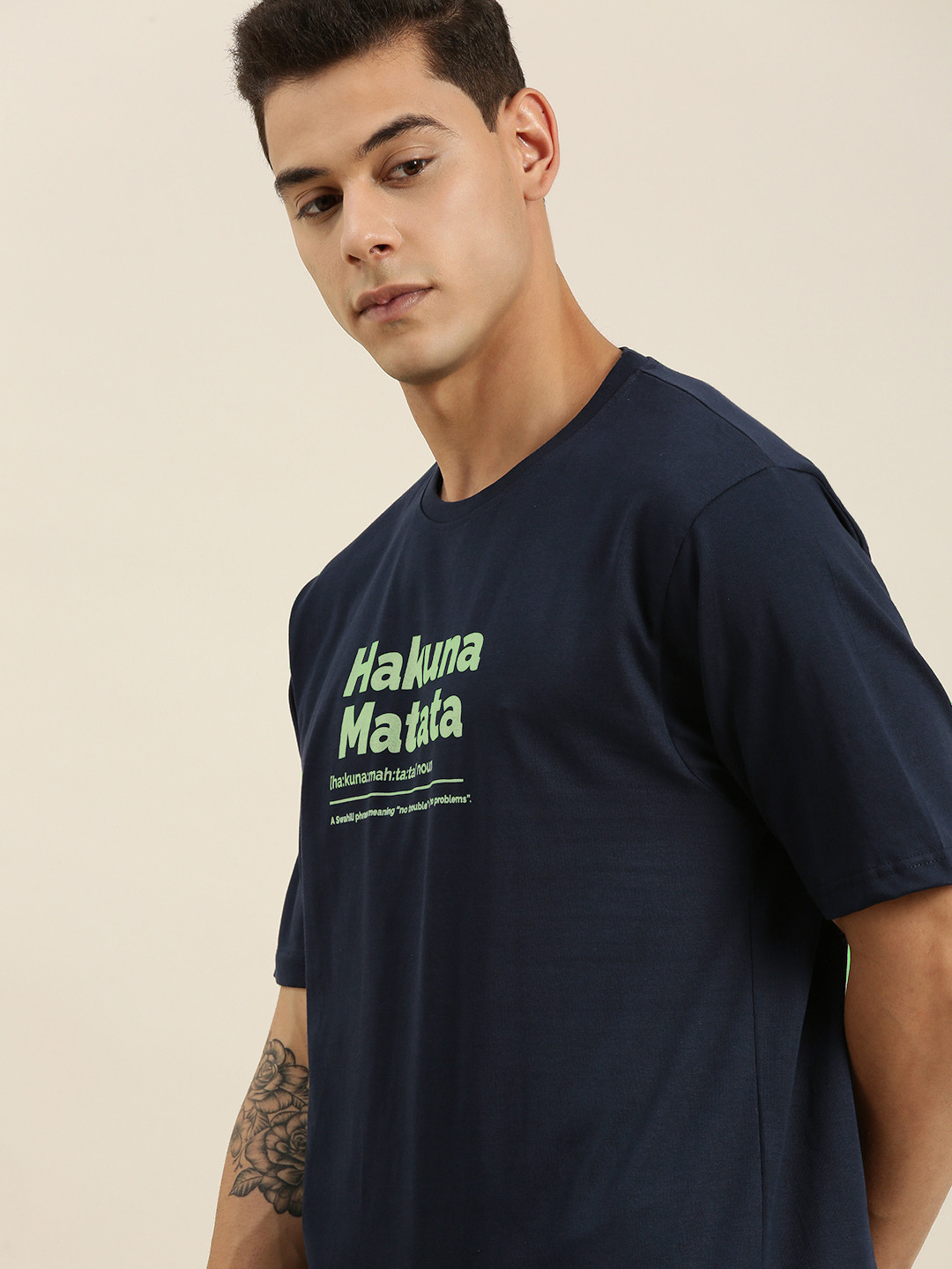 Difference of Opinion Men Navy Blue Typography Print Drop-Shoulder Sleeves Pure Cotton