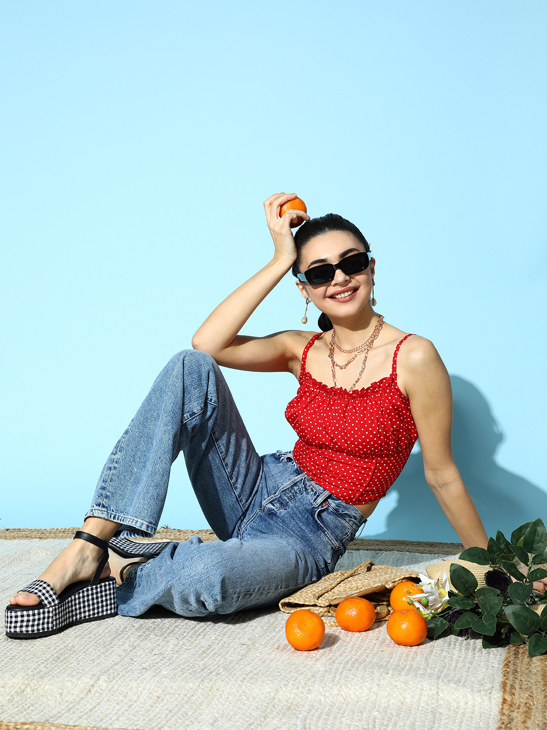 U&F Women Gorgeous Red Polka-Dotted Bustier Top