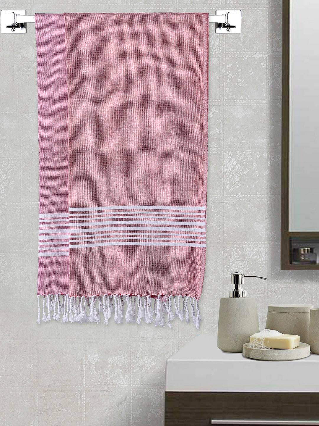 Arrabi Set of 2 Pink Striped 210 GSM Cotton Bath Towel