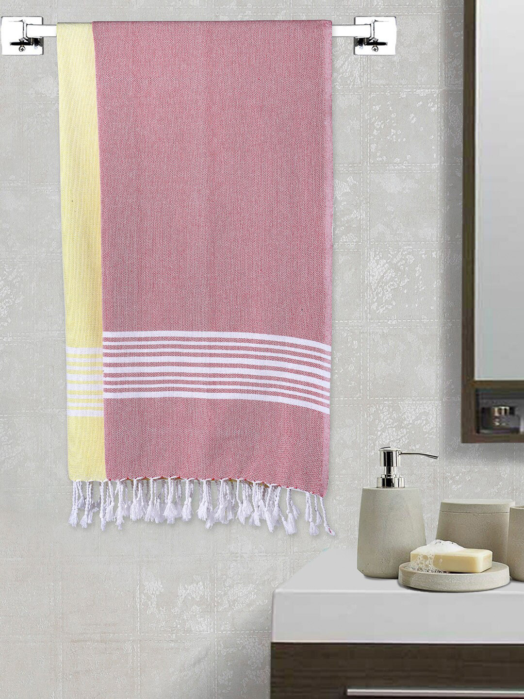 Arrabi Set of 2 Pink & Yellow Striped 210 GSM Cotton Bath Towel