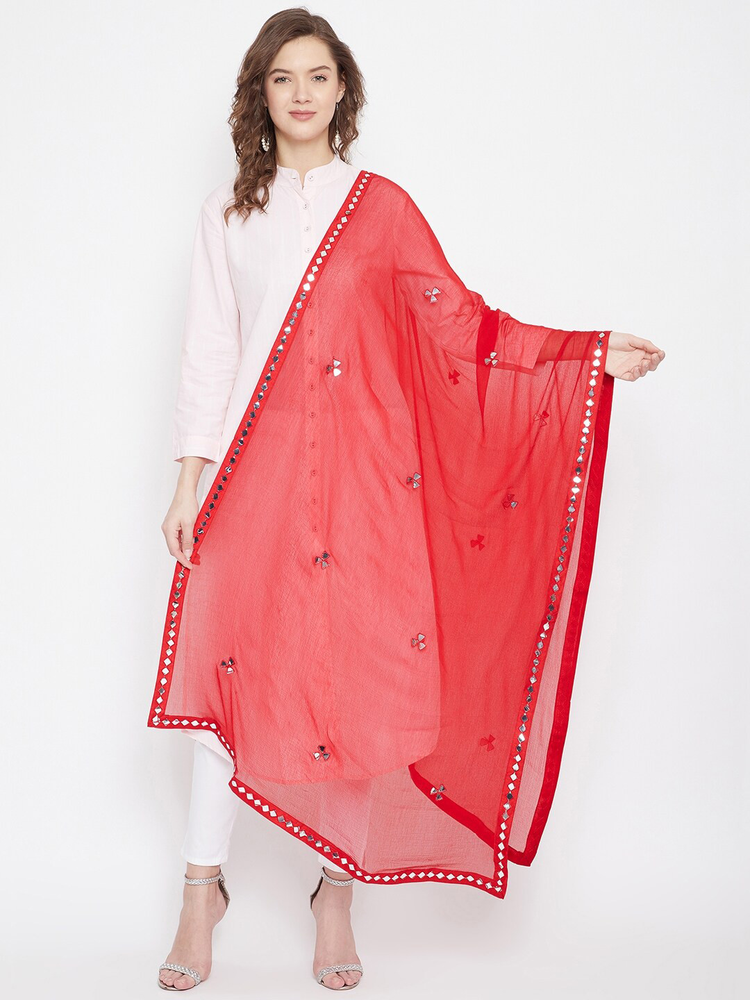 Clora Creation Red & Silver-Toned Embroidered Mirror Work Dupatta