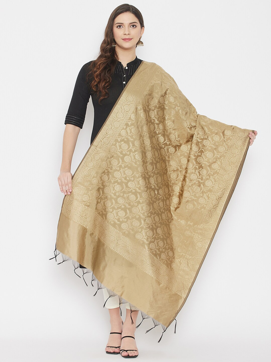 Clora Creation Women Beige Ethnic Motifs Woven Design Zari Dupatta