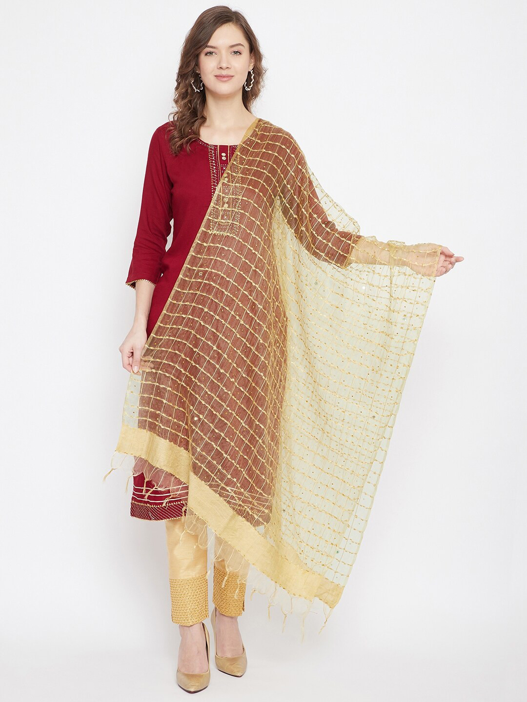 Clora Creation Women Beige Checked with Sequinned Organza Dupatta