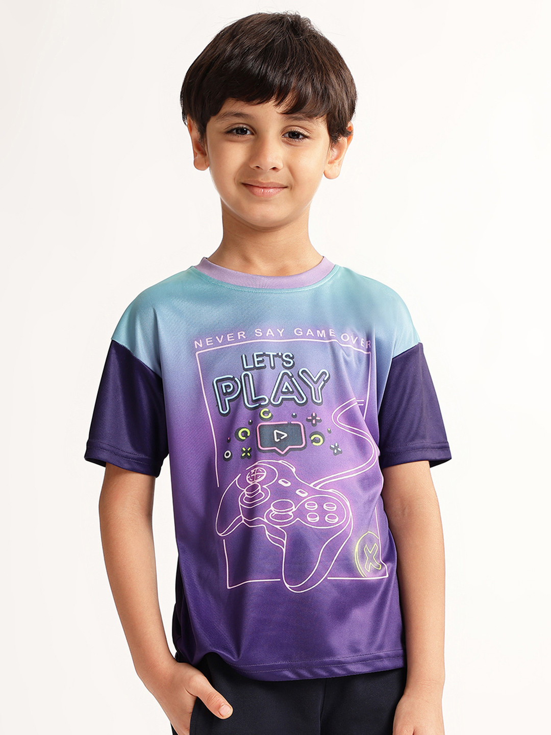 Blue Giraffe Boys Purple & Blue Printed Pure Cotton T-shirt