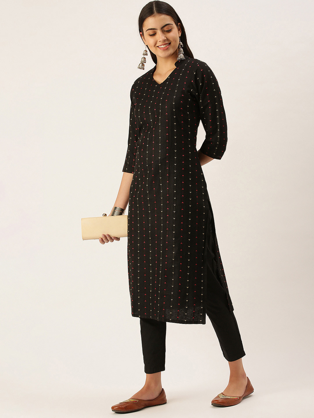 Saanjh Women Black Woven Design Kurta with Trousers