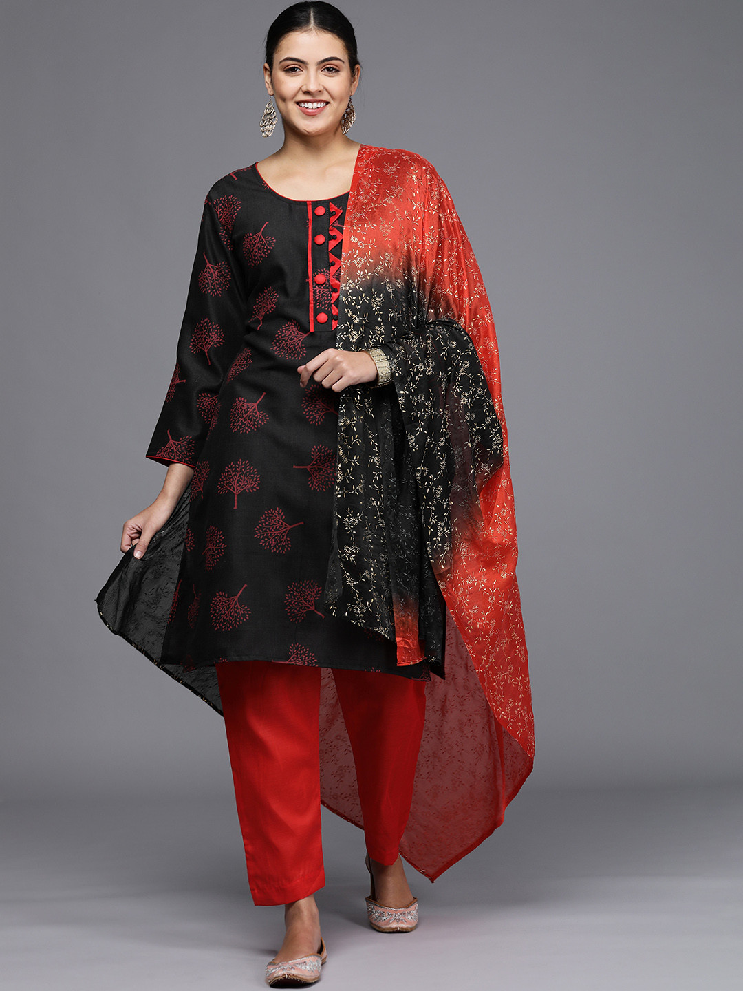 Mitera Black & Red Printed Unstitched Dress Material
