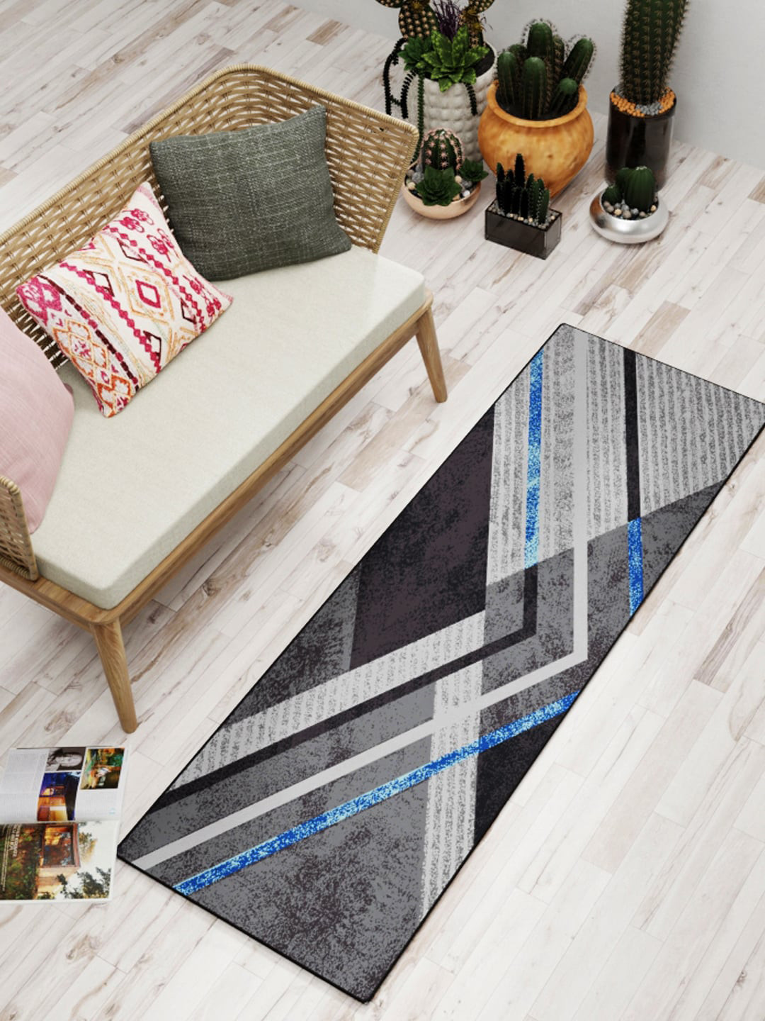 BIANCA Grey & Blue Geometric Printed Soft Anti Skid Rug