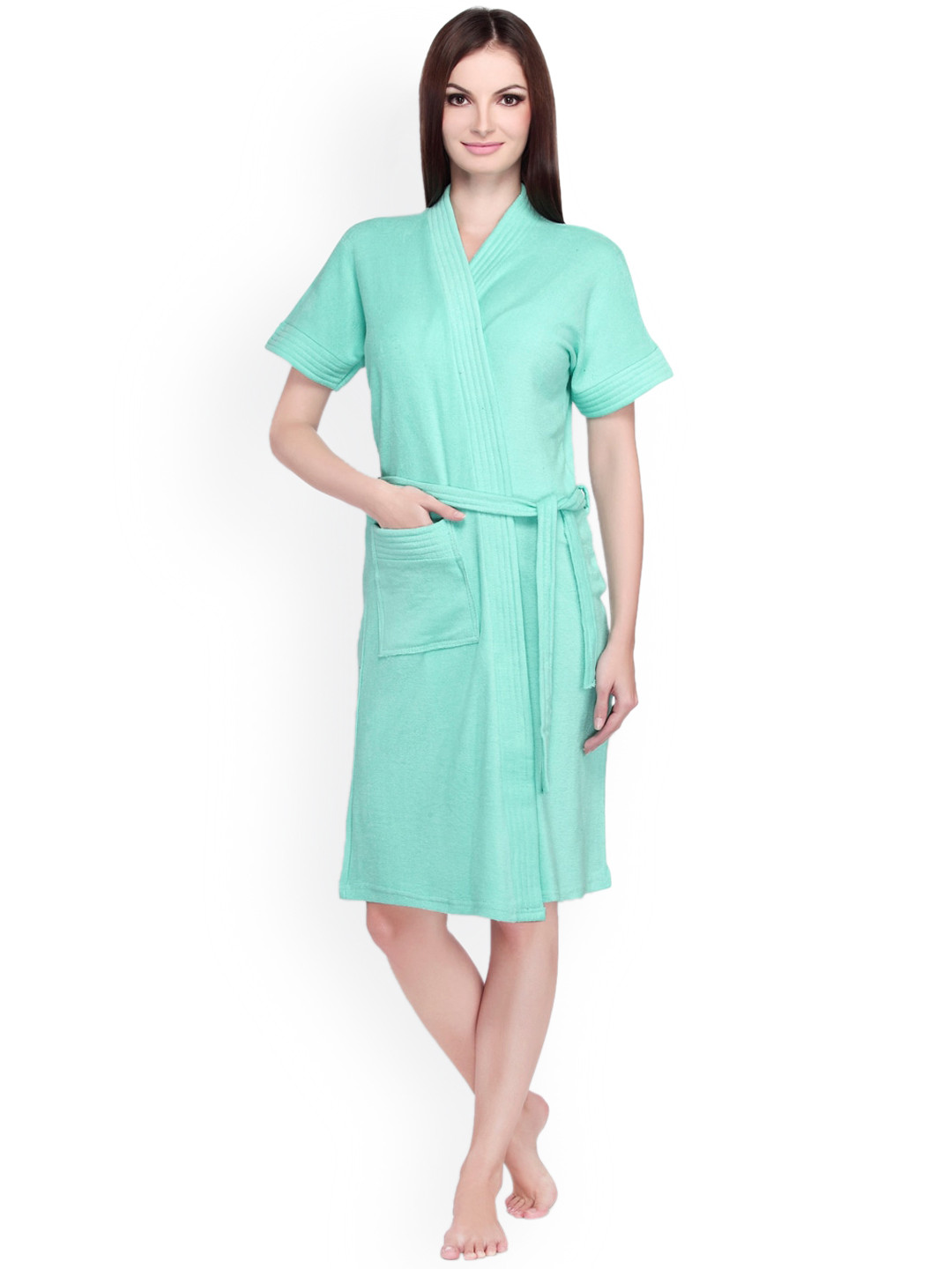 Sand Dune Sea Green Solid Cotton Drawstring Knee Length Bath Robe-XL