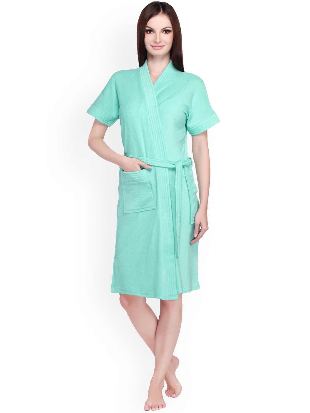 Sand Dune Sea Green Solid Cotton Drawstring Knee Length Bath Robe-L