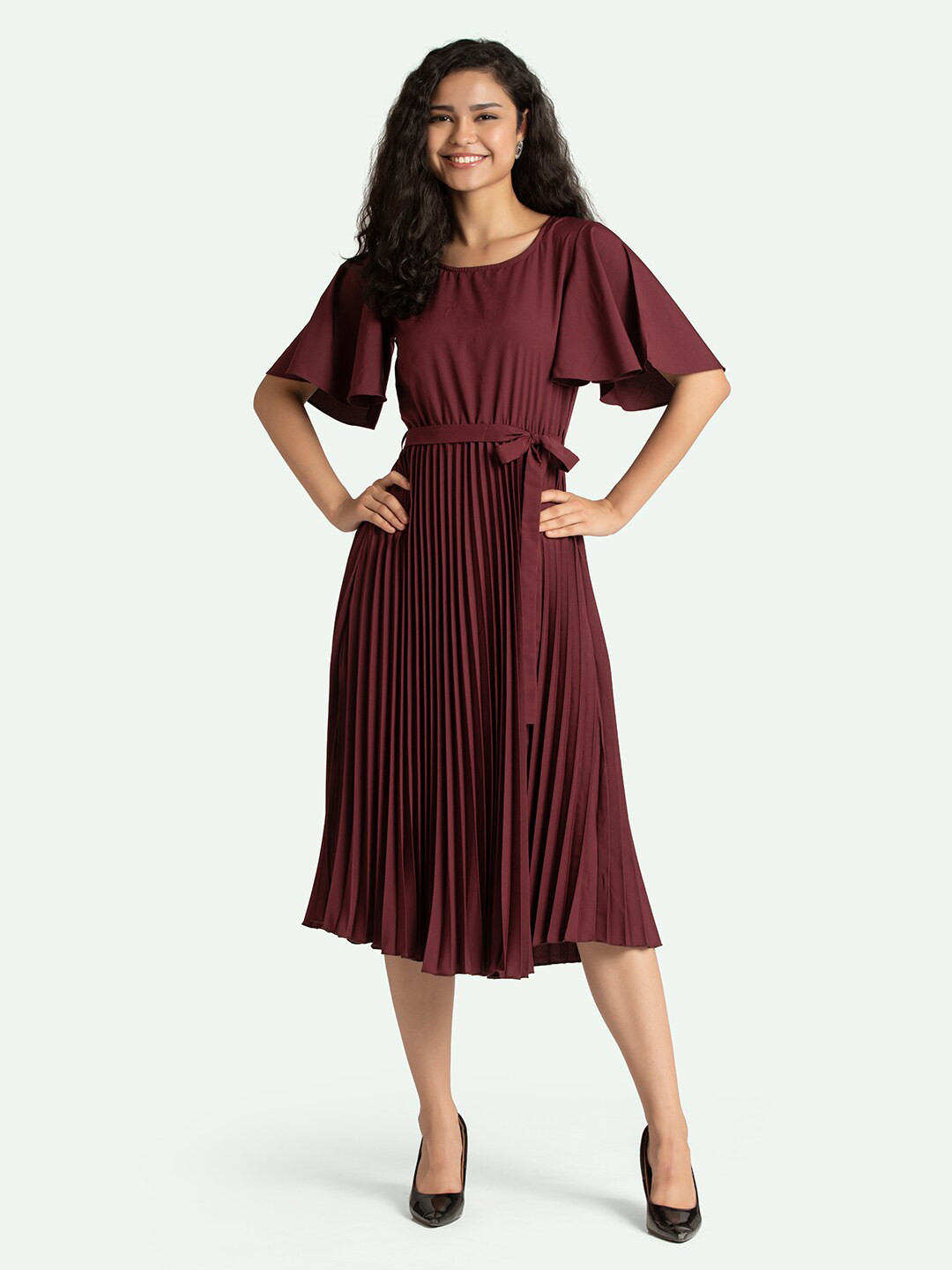AASK Maroon Crepe Flared Sleeves Midi Dress
