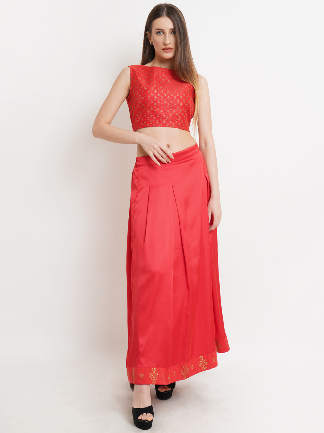 Purple State Women Red Printed Crop Top with Skirt Co-Ords