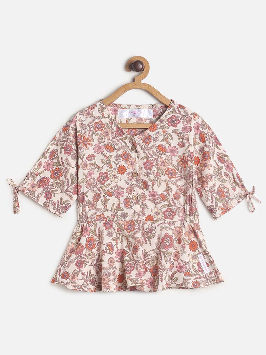 TALES & STORIES Girls Beige & Pink Print Peplum Top