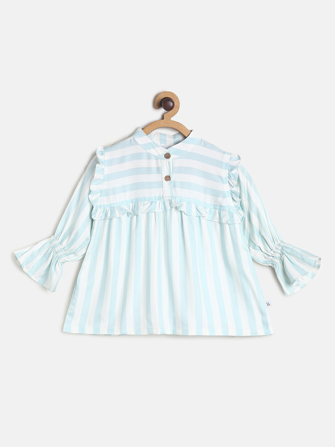 TALES & STORIES Girls Turquoise Blue & White Striped Mandarin Collar Ruffles Top