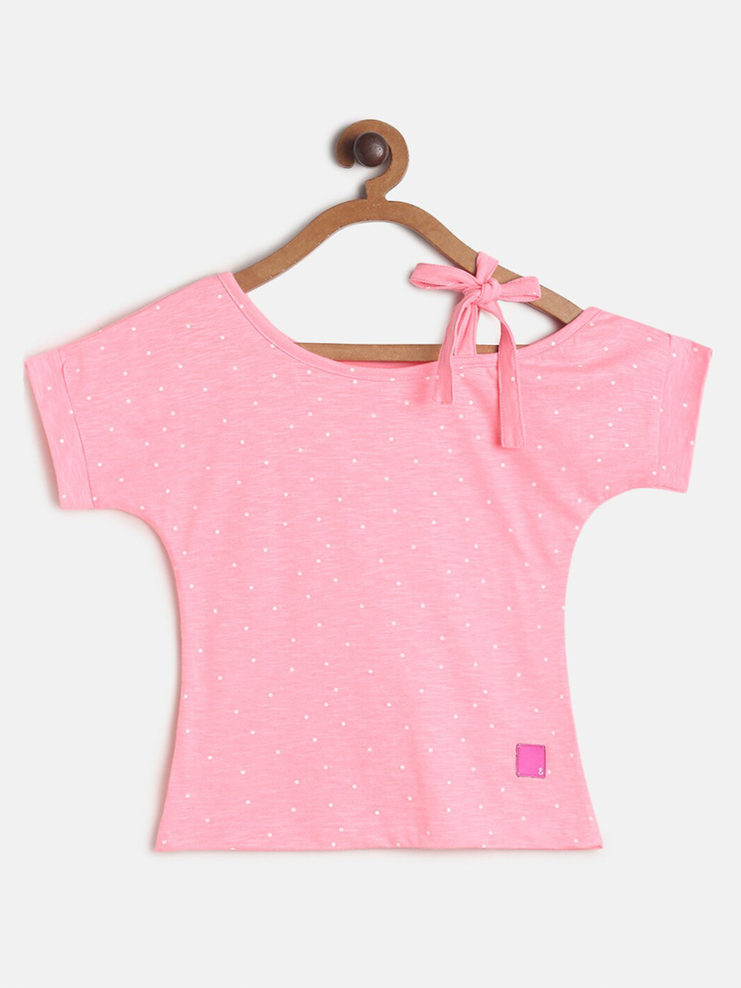 TALES & STORIES Girls Pink & White Geometric Print One Shoulder Pure Cotton Top