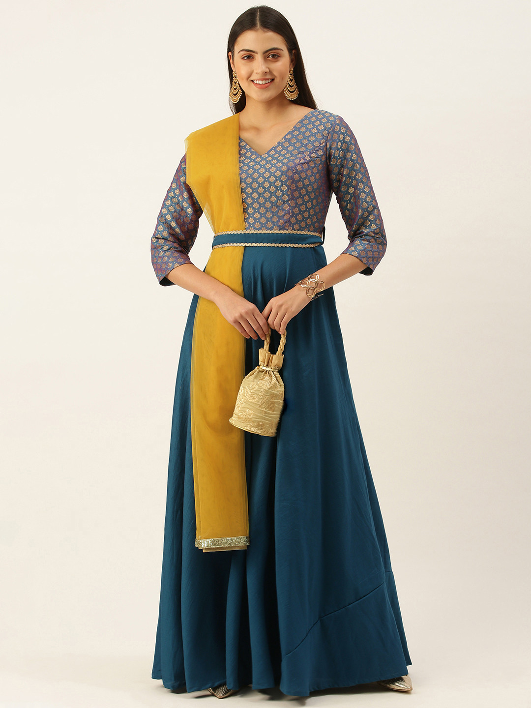 Ethnovog Women Blue  Gold-Toned Made To Measure Motifs Ethnic A-Line Maxi Dress
