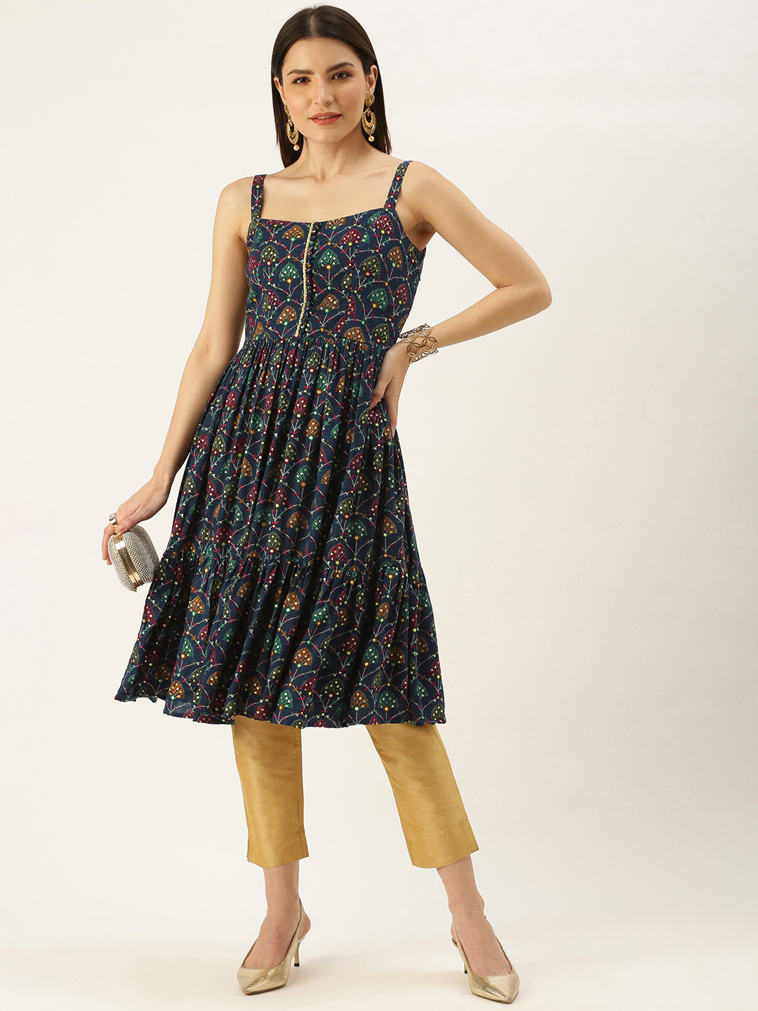 Ethnovog Made To Measure Women Navy Blue Ethnic Embroidered Tiering Anarkali Kurta