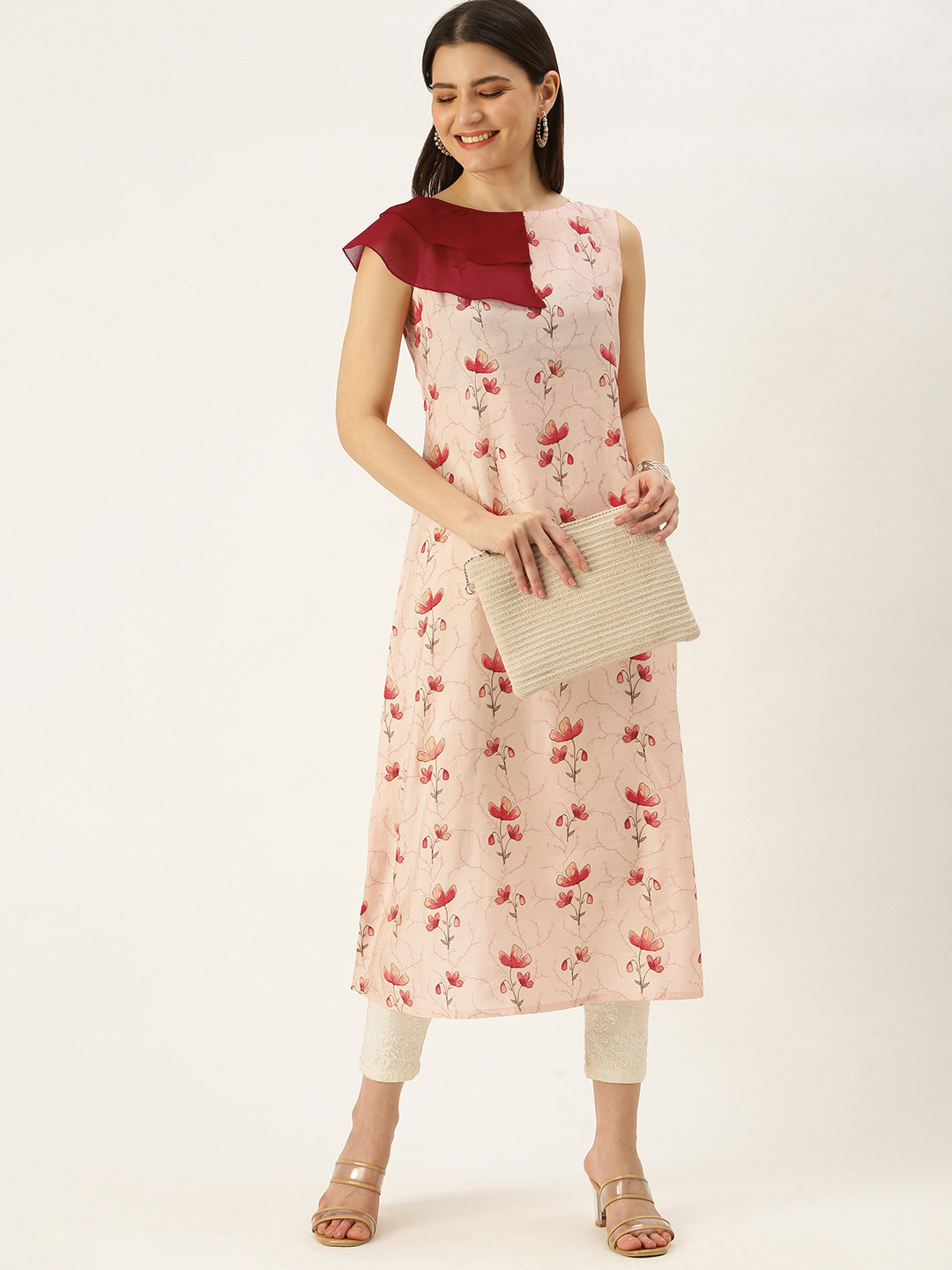 Ethnovog Made To Measure Women Off White  Red Floral Printed Satin Kurta