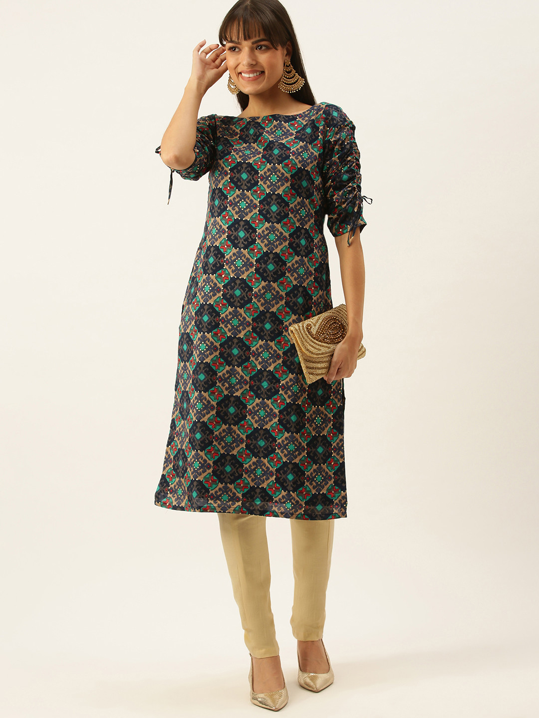 Ethnovog Women Navy Blue  Green Made To Measure Floral Print Kurti with Trousers