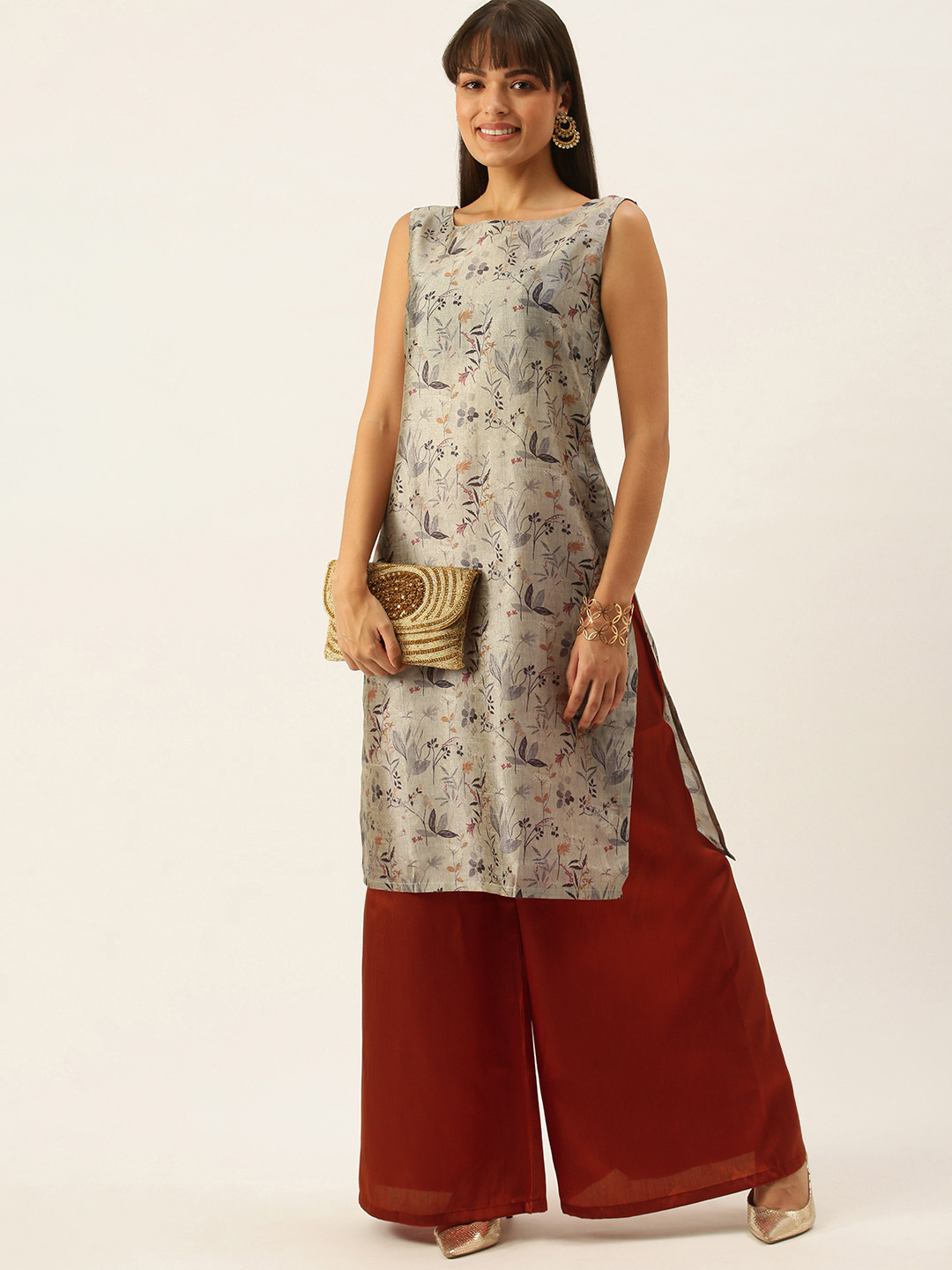 Ethnovog Women Grey  Red Made To Measure Floral Print Kurta with Palazzos