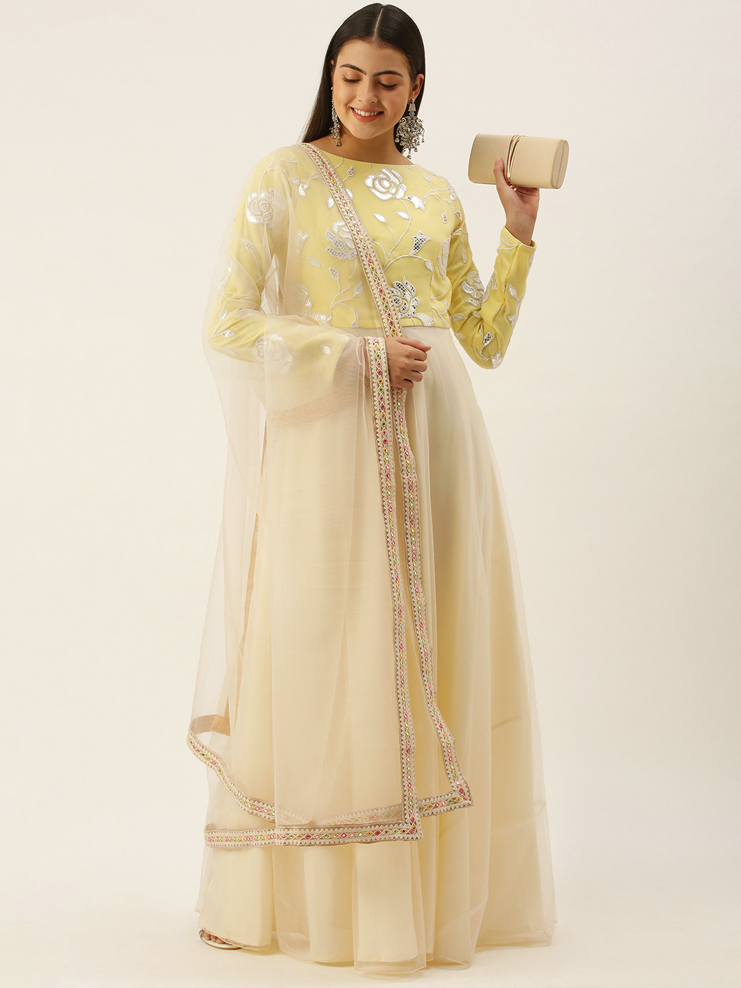 Ethnovog Women Yellow  Off White Made To Measure Kurti with Palazzos  With Dupatta