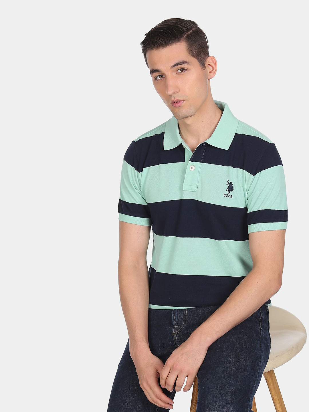 U.S. Polo Assn. Men Mint Green & Navy Blue Striped Polo Collar T-shirt