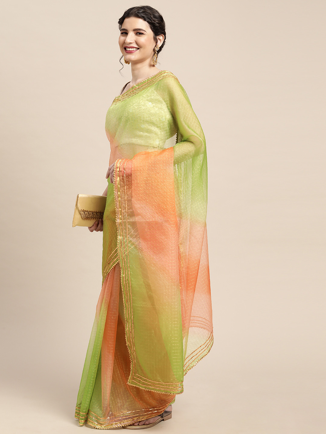 Geroo Jaipur Green & Rust Orange Bandhani Organza Saree