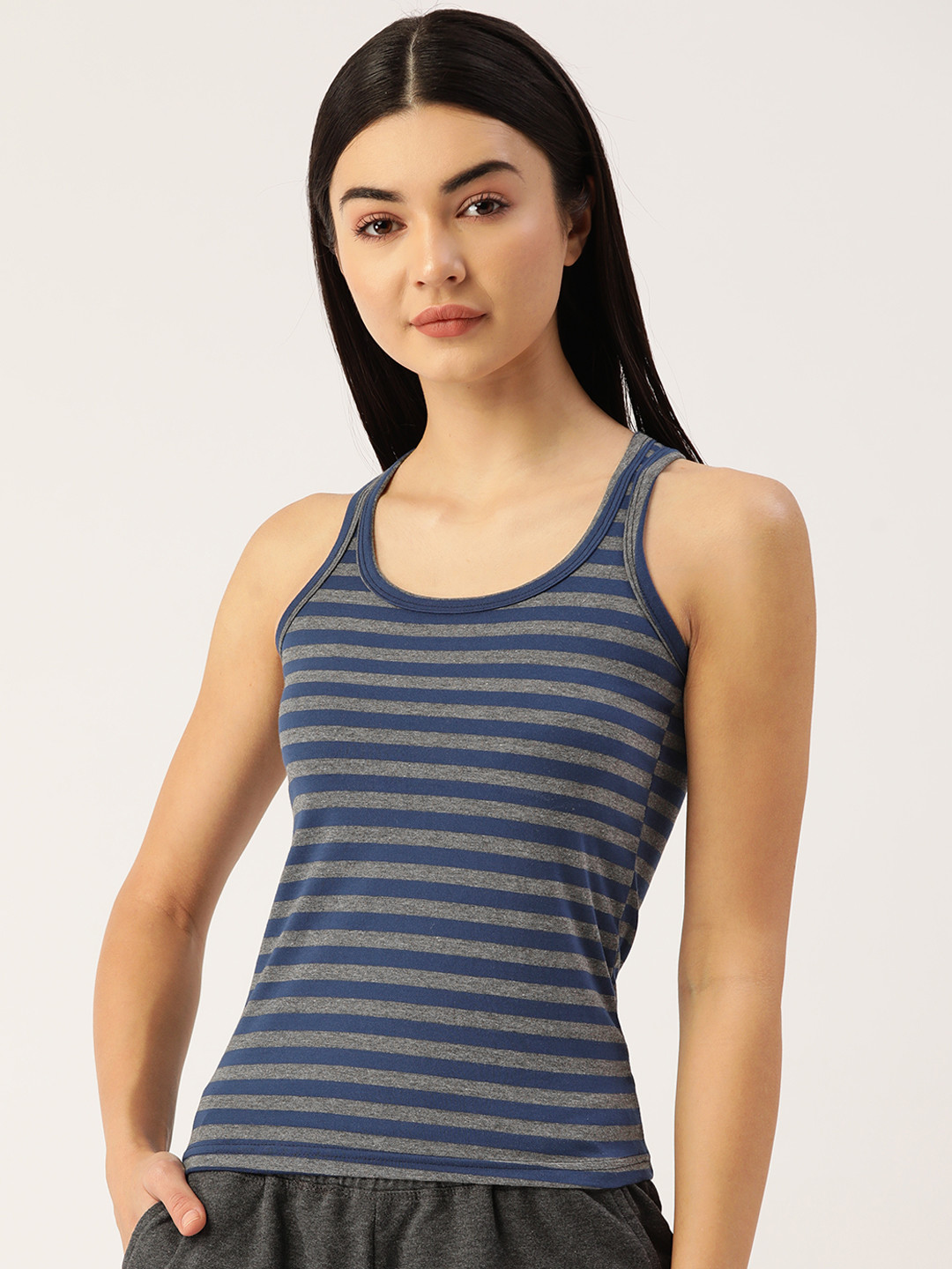 Lady Lyka Women Teal Blue & Grey Melange Striped Racer Back Camisole