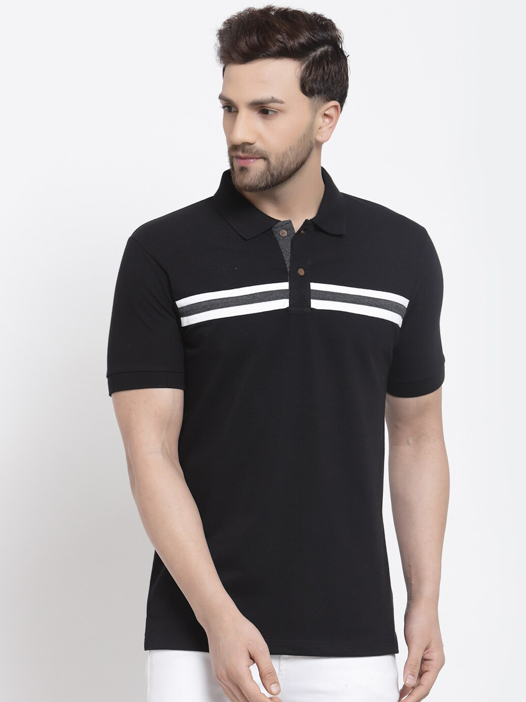 Kalt Men Black & White Striped Polo Collar T-shirt