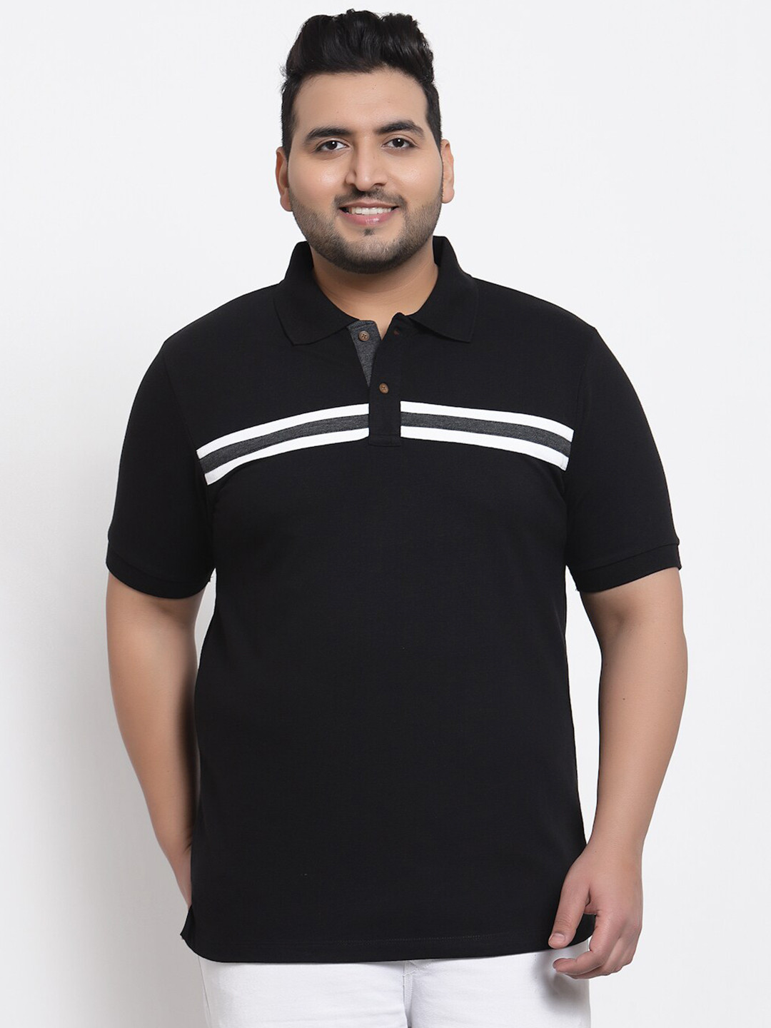 Kalt Men Plus Size Black & White Striped Polo Collar T-shirt