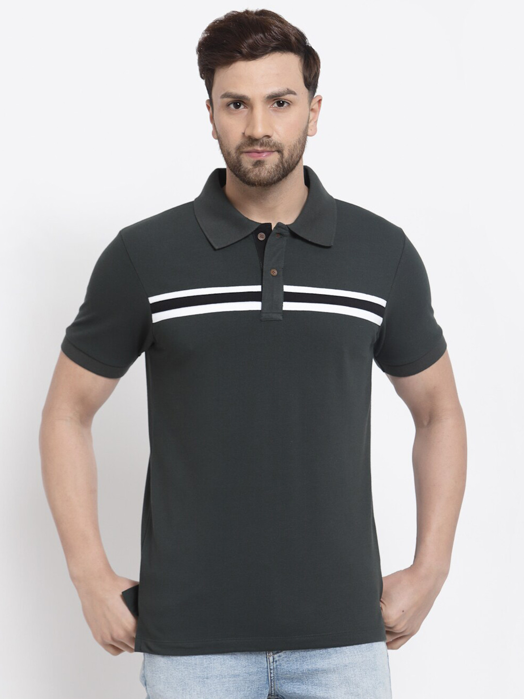 Kalt Men Green & White Striped Polo Collar T-shirt