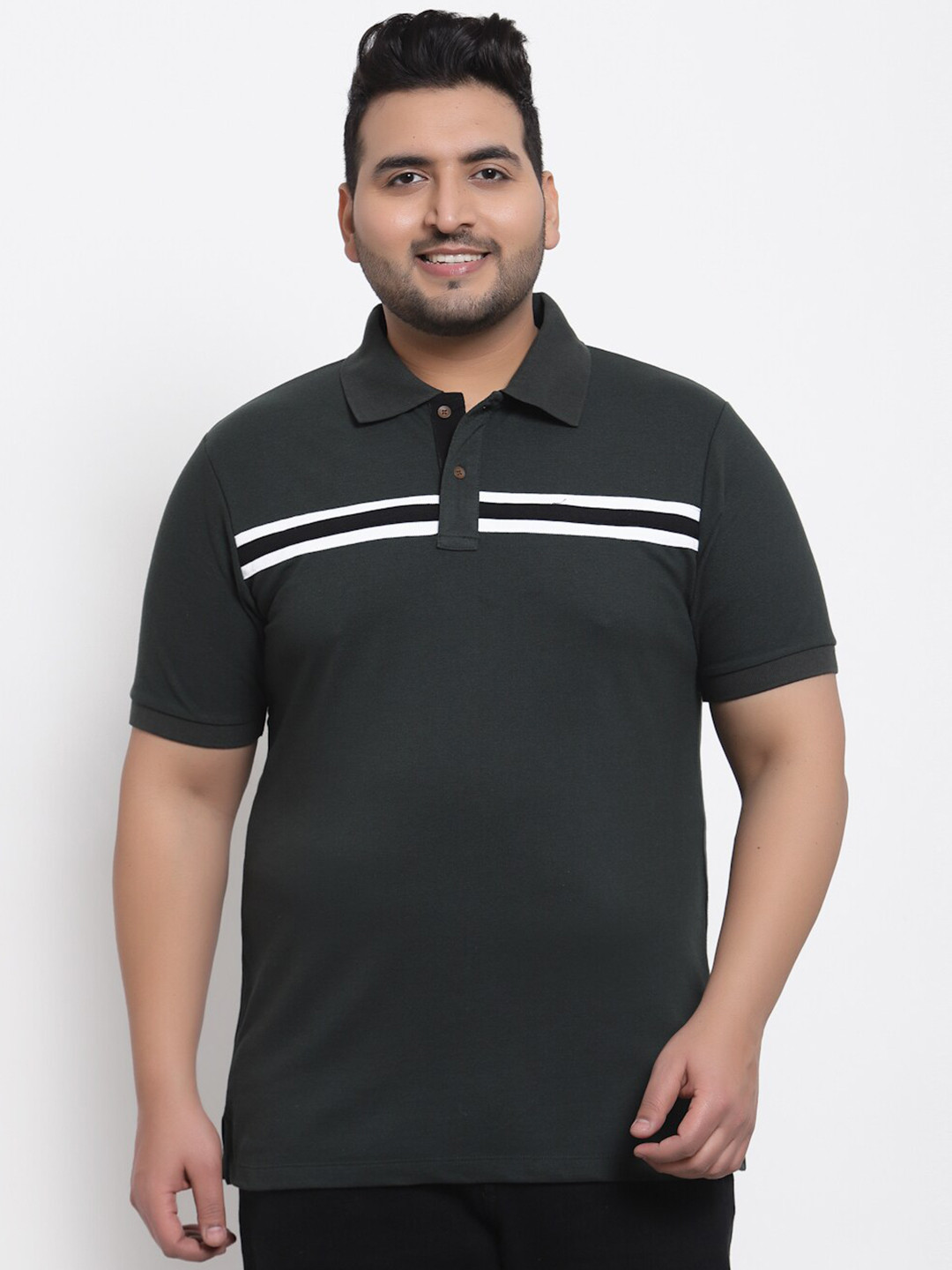 Kalt Men Plus Size Green & White Striped Polo Collar T-shirt