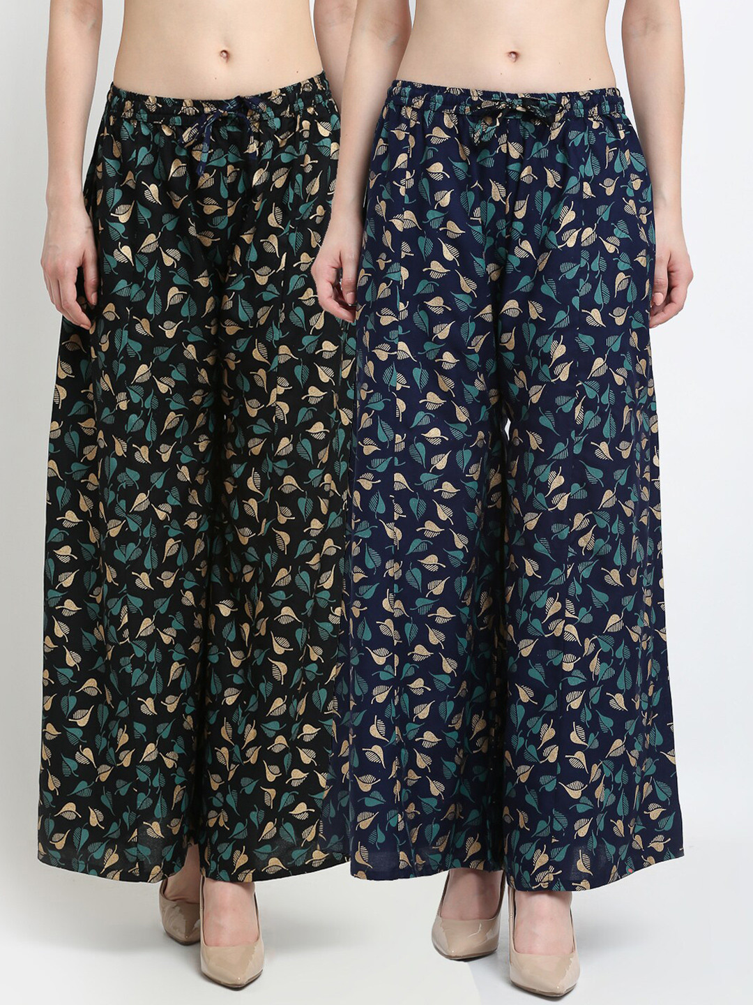 Jinfo Women Black & Navy Blue Set of 2 Floral Printed Flared Ethnic Palazzos