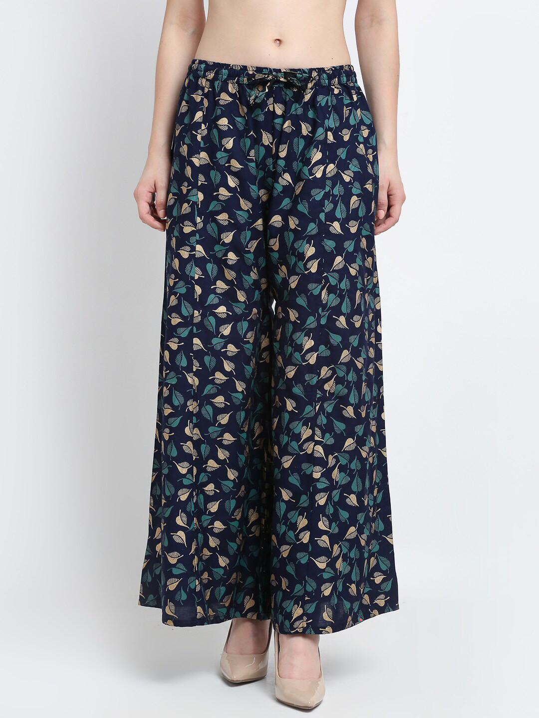 Jinfo Women Navy Blue & Gold-Toned Printed Flared Knitted Ethnic Palazzos