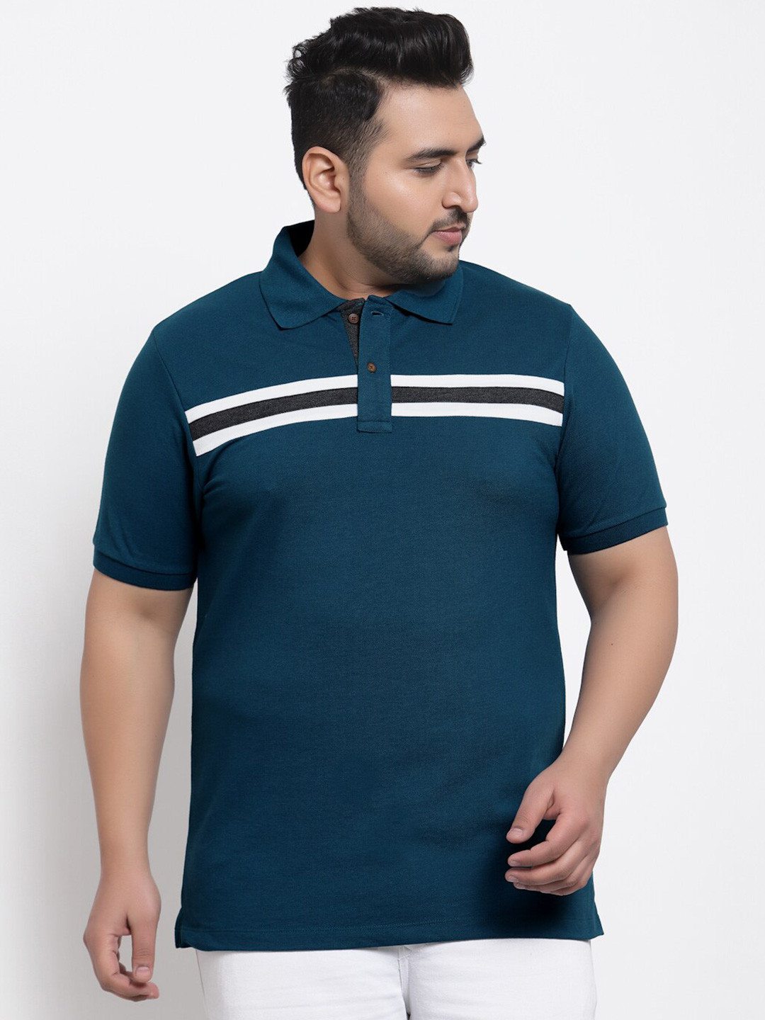 Kalt Men Plus Size Teal Blue & White Striped Polo Collar T-shirt