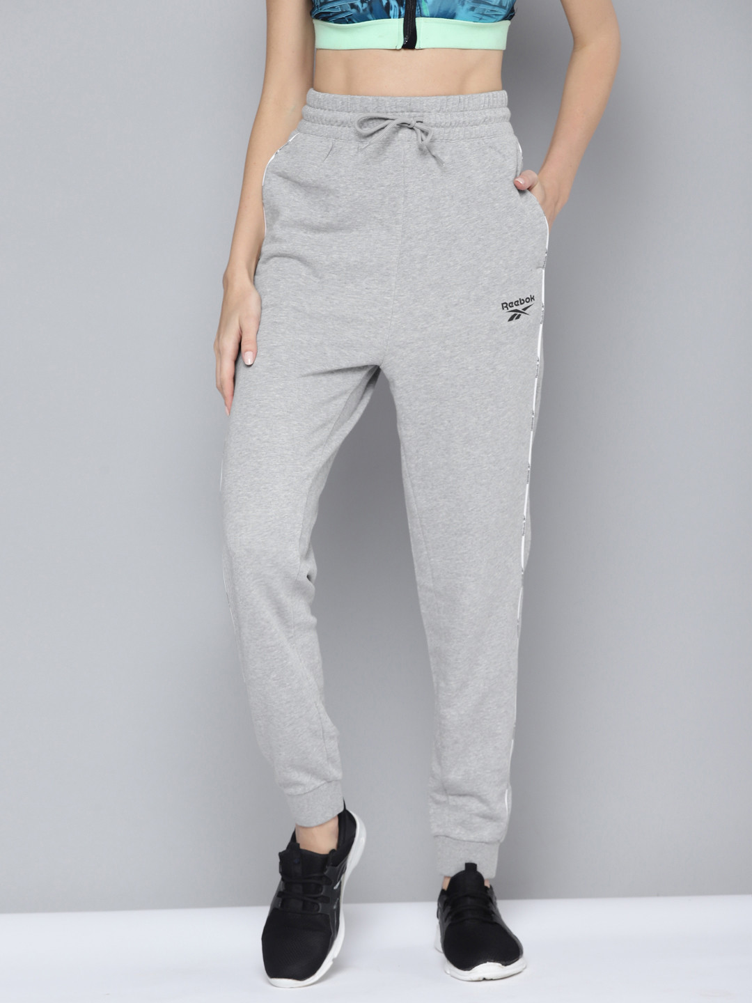Reebok Women Grey Melange Piping Pack Solid Training Joggers