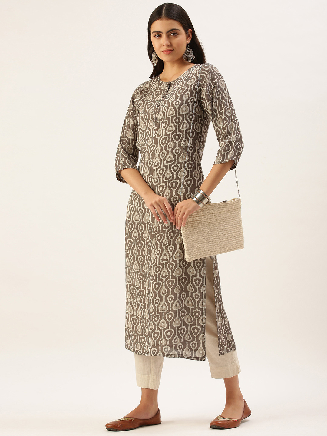 Saanjh Women Taupe & White Ethnic Motifs Dabu Print Cotton Straight Kurta