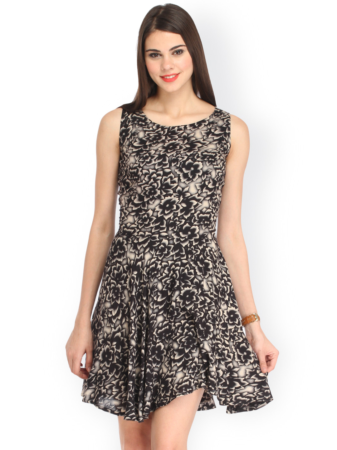Cation Black & Cream-Coloured Floral Print Fit & Flare Dress