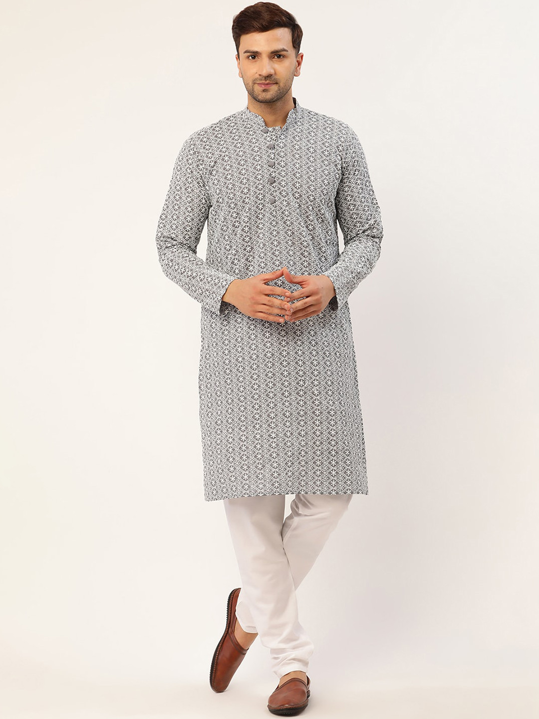 Jompers Men Grey Floral Embroidered Chikankari Pure Cotton Kurta with Churidar