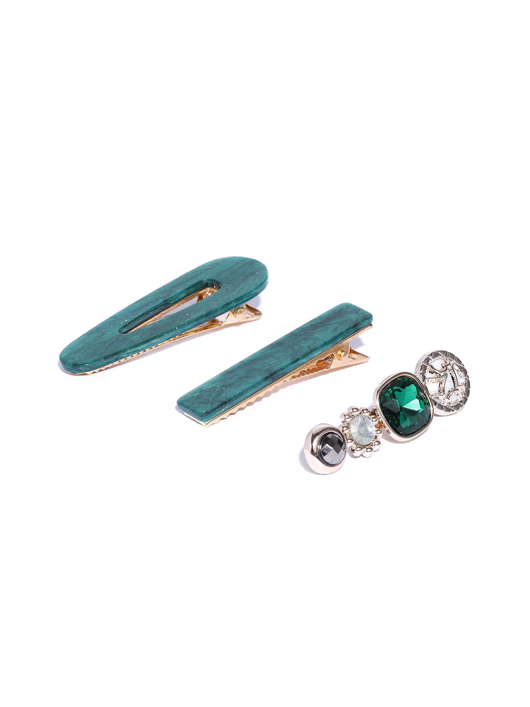 Jewels Galaxy Women Green & Gold-Toned Set of 3 Alligator Hair Clip