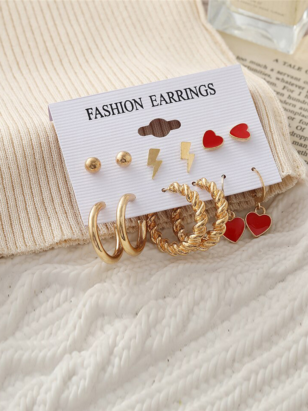 Jewels Galaxy Gold-Toned & Red Set of 6 Classic Earrings