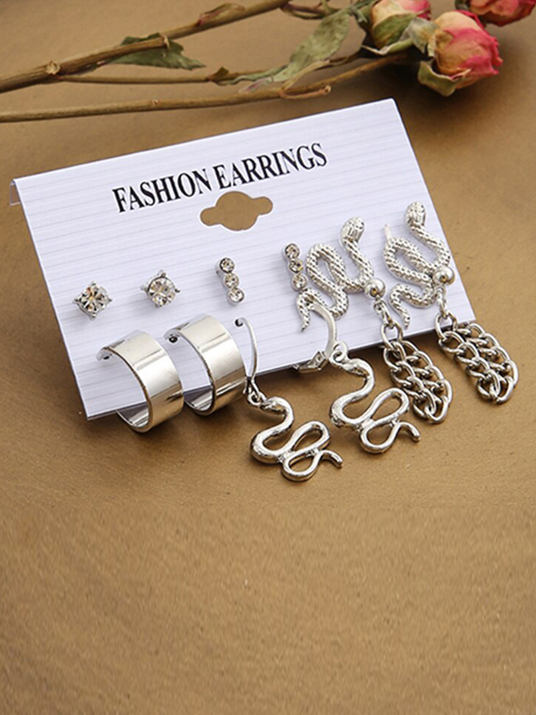 Jewels Galaxy Silver-Toned Contemporary Set of 5 Earrings