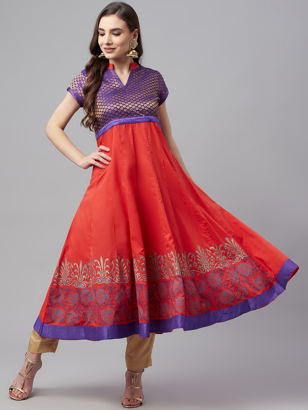 MBE Women Red & Purple Block Print Anarkali Kurta
