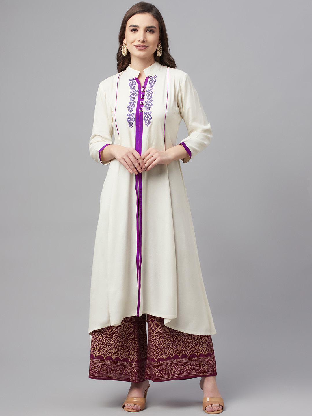 MBE Women White & Purple Embroidered Asymmetric Kurta