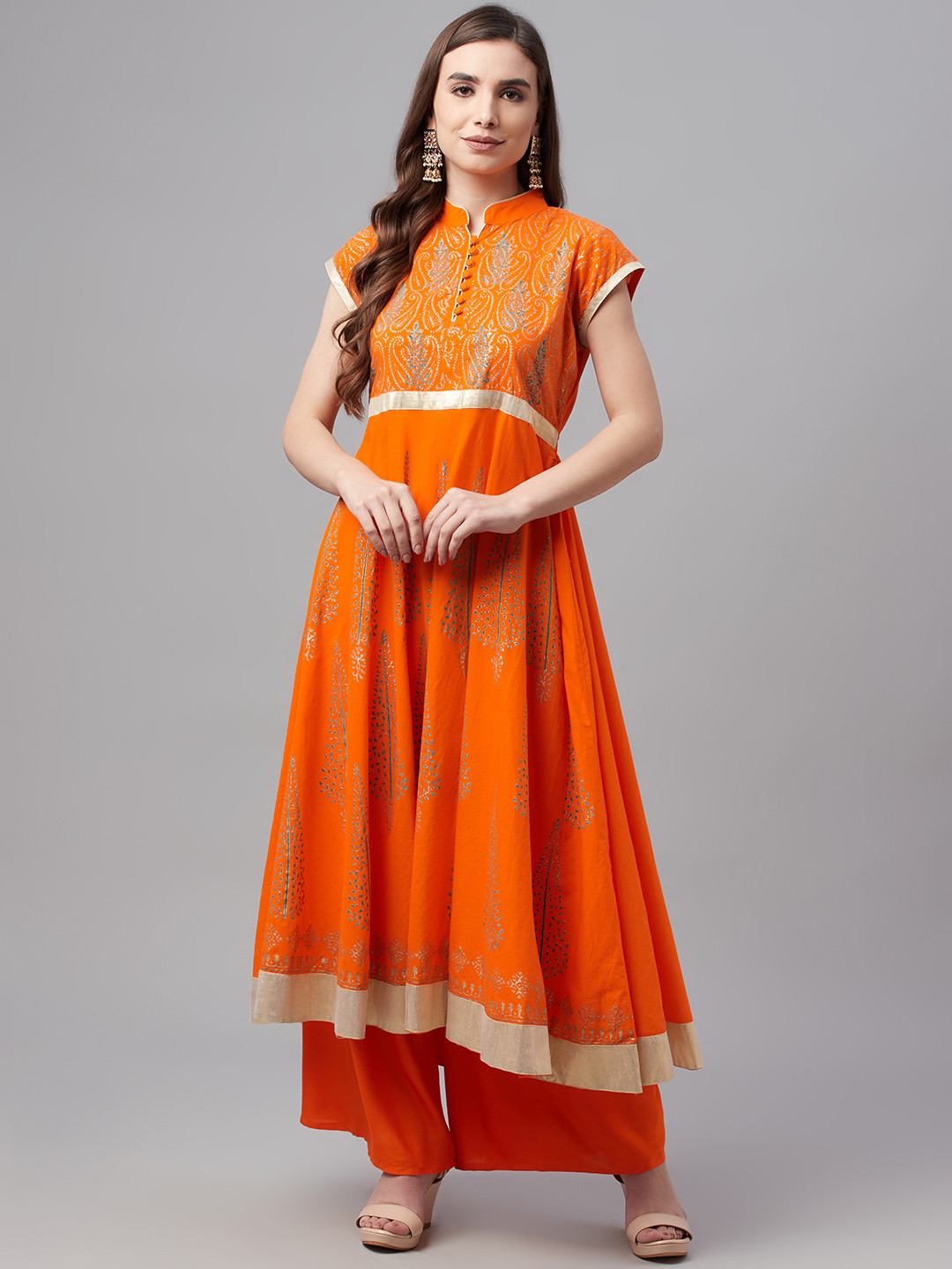 MBE Women Orange & Gold-Toned Block Print Anarkali Kurta
