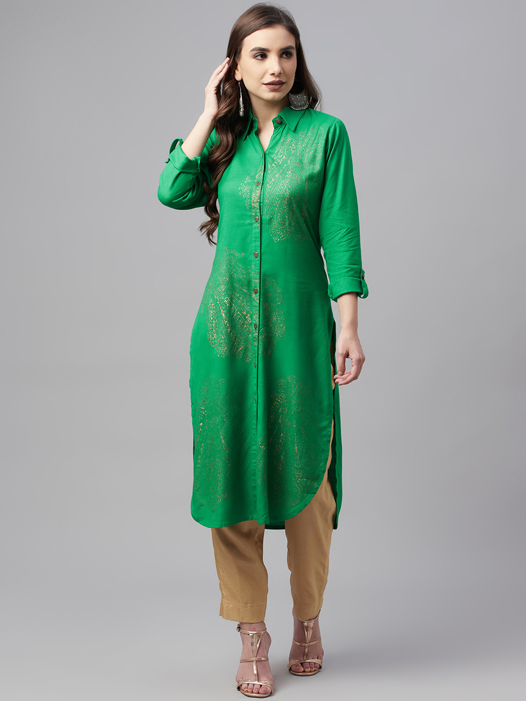 MBE Women Green & Gold-Toned Block Print Kurta