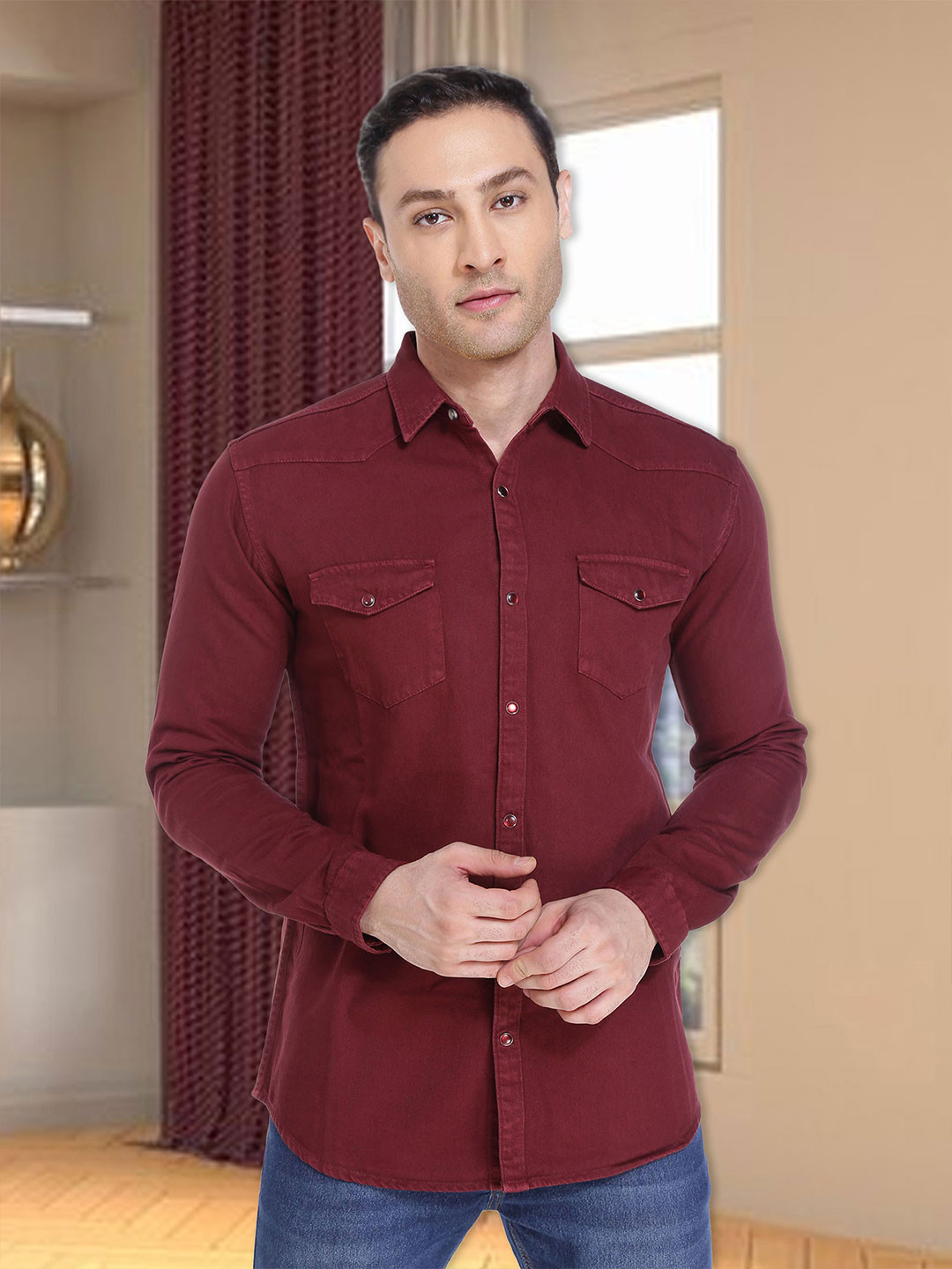 Kuons Avenue Men Burgundy Smart Slim Fit Denim Casual Shirt