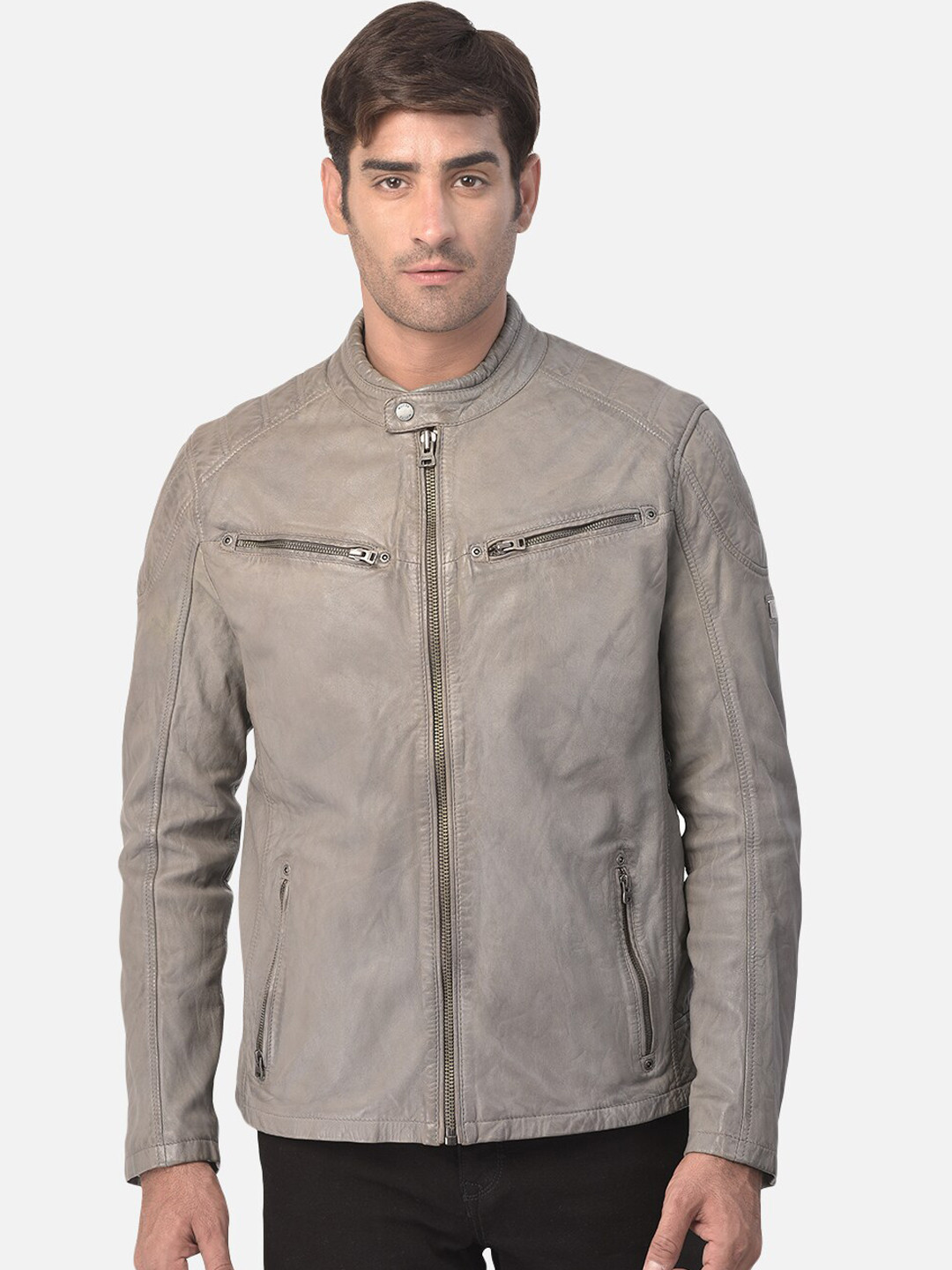 Woods Men Grey Leather Water Resistant Sporty Jacket